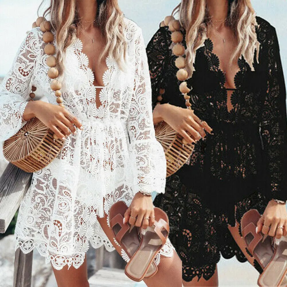 ☀️🌊 Robe Boho Crochet Blanche Femme – Tunique de Plage Dentelle, Bikini Cover Up Été Beachwear - PoreVac™ – Aspirateur de Points Noirs
